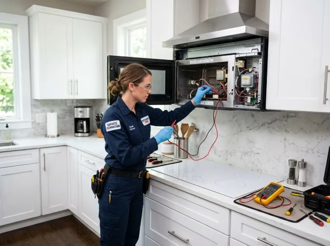 Appliance Repair Hero technician testing an over-the-range microwave in a Antioch, IL kitchen